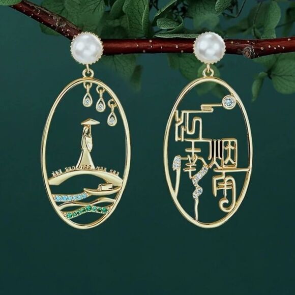 925 Sterling Silver Asian Inspired Earrings with Pearl - Picture 2 of 7